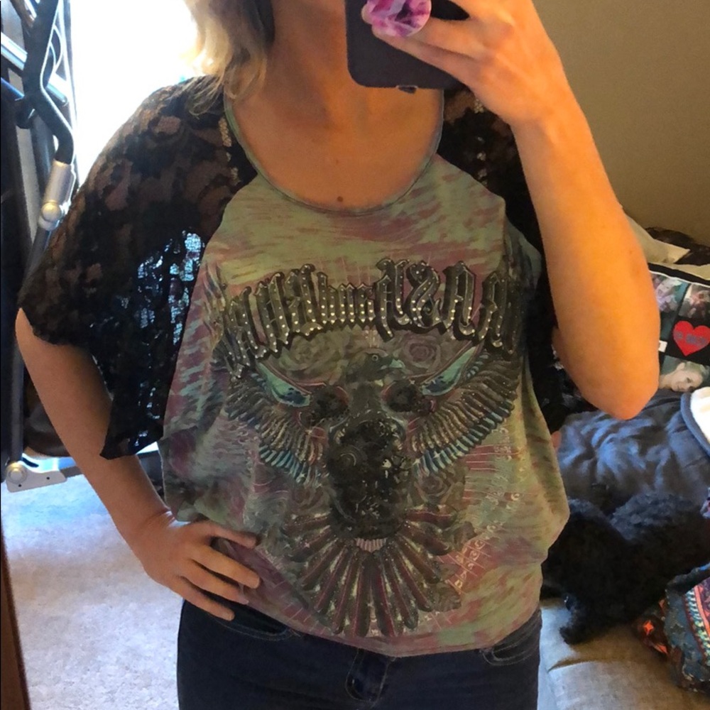Purple Turquoise and Black Lace Tee